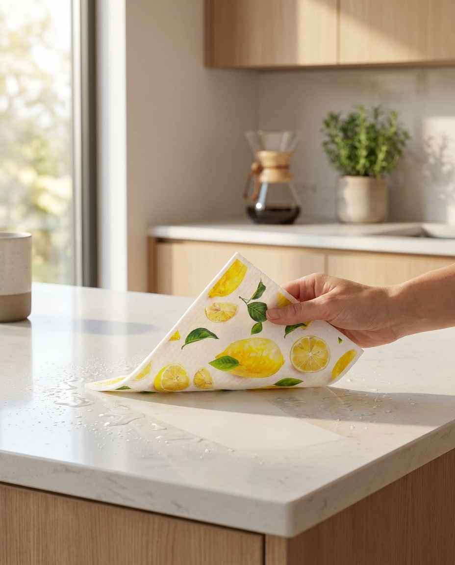 Lemon-print Swedish dishcloth being used to wipe kitchen counter