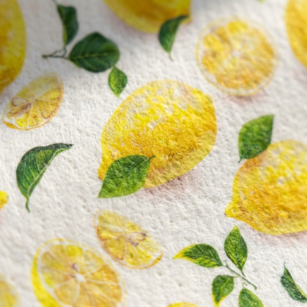 Close-up texture detail of cellulose cotton Swedish dishcloth lemon print fabric
