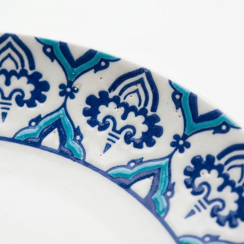 Close-up of intricate blue tile mosaic border pattern on ceramic dinner plate