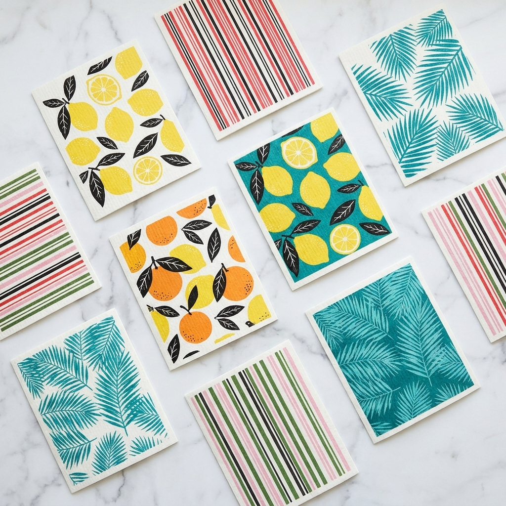 Overhead flat-lay showing all 10 Swedish dishcloth designs including citrus tropical and stripe patterns