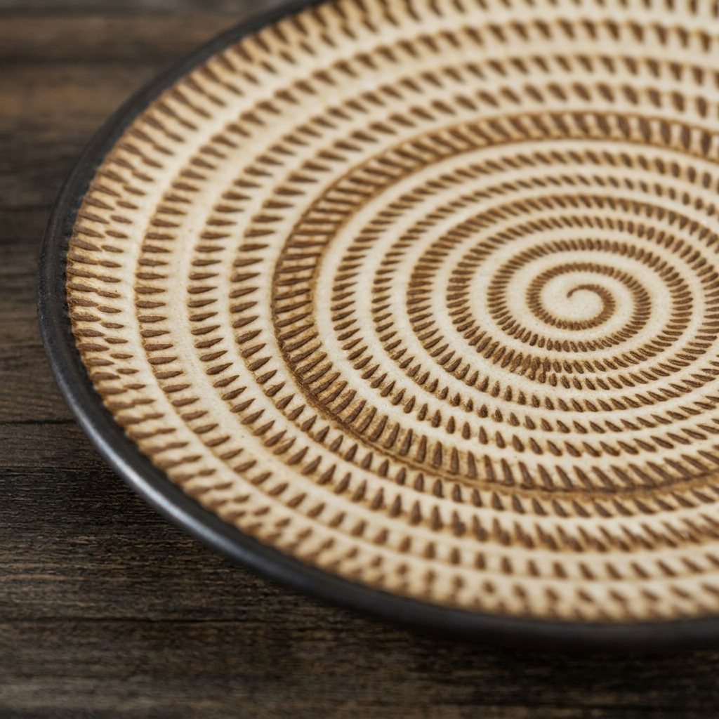 Close-up of spiral ring underglaze pattern texture on Japanese ceramic plate