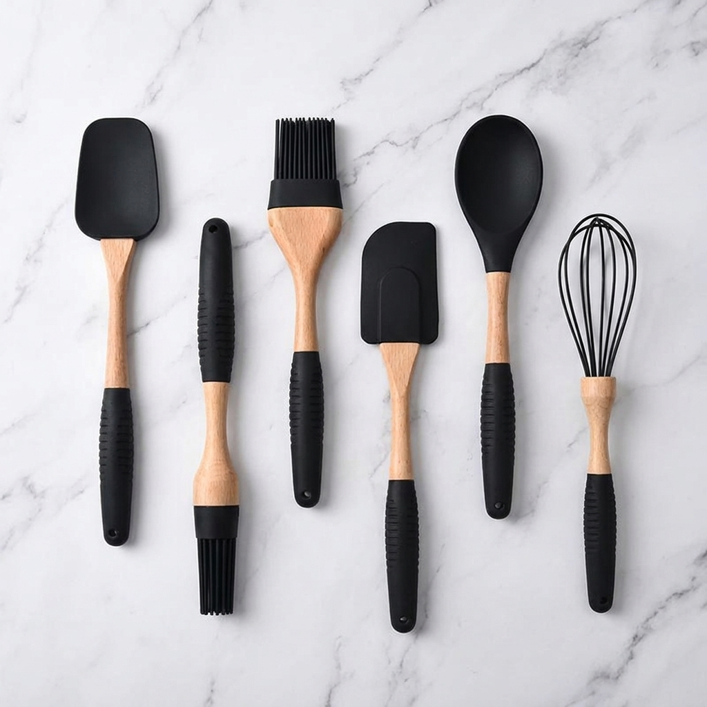 Overhead flat-lay of full black silicone baking utensil set on white marble surface