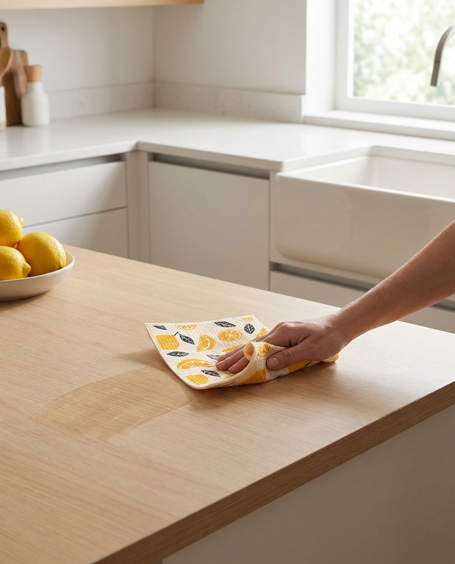 Swedish dishcloth with citrus tropical print being used to wipe kitchen counter