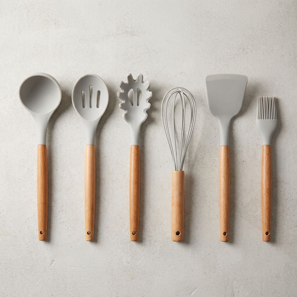 Overhead flat-lay of full grey silicone cooking utensil set arranged on concrete surface