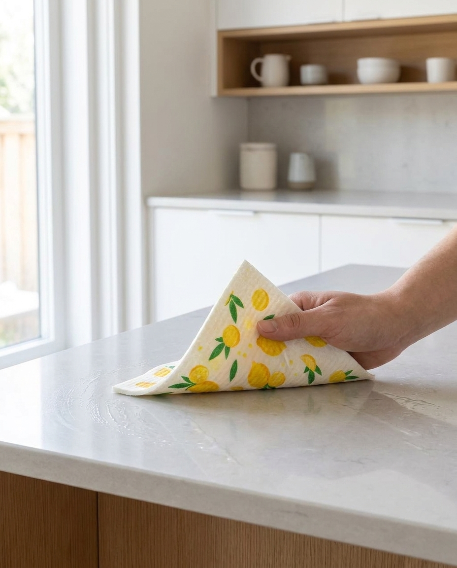 Person wiping kitchen counter with colorful fruit-print Swedish dishcloth