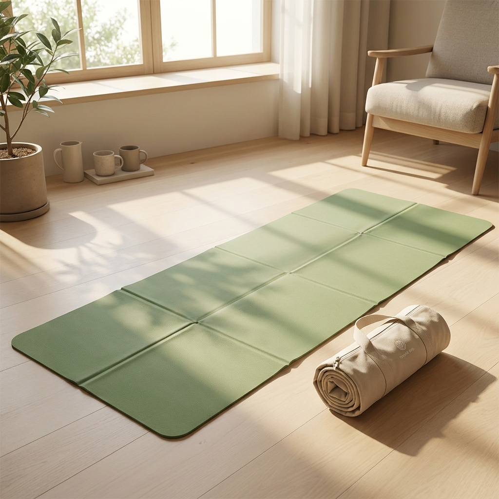 Foldable travel yoga mat laid flat in bright minimalist home, showing compact portable design