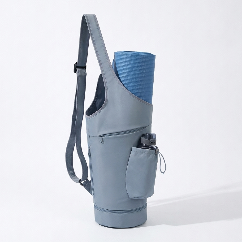 Large blue yoga mat carrier bag with wide opening and rolled yoga mat inside, multiple pockets visible