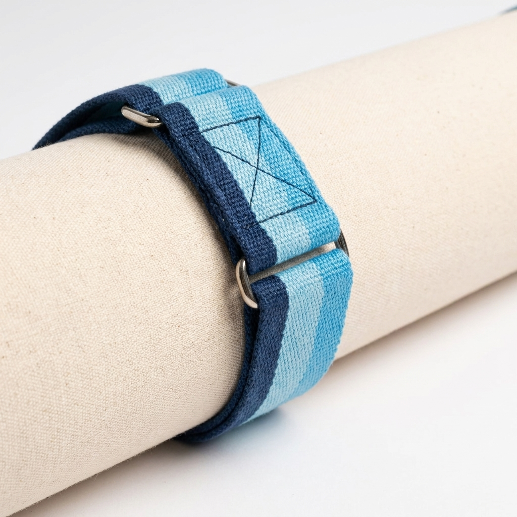 Blue cotton yoga mat carrier strap looped around a rolled yoga mat with buckle hardware visible