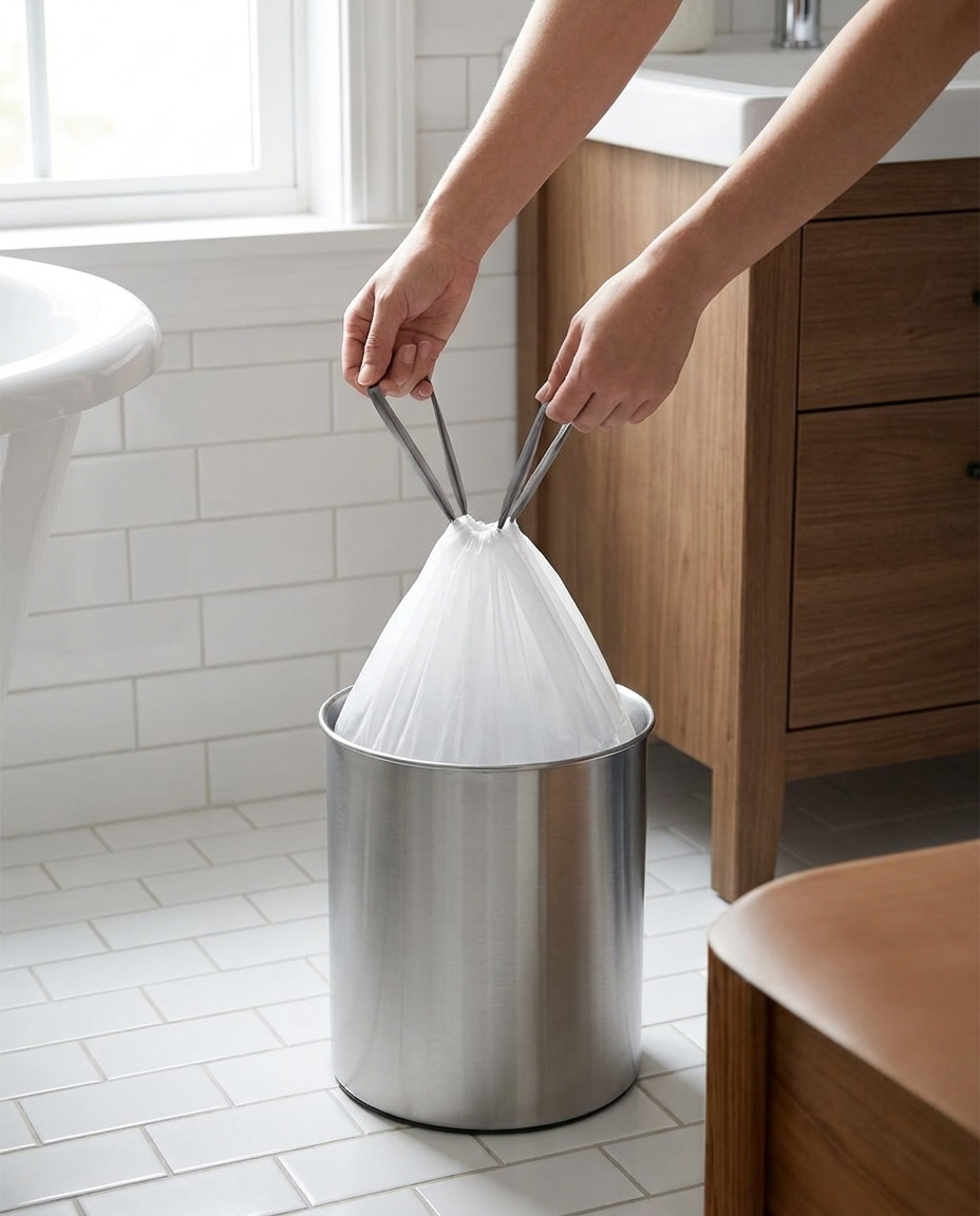 Hands tying the drawstring of a white trash bag lining a small bathroom bin