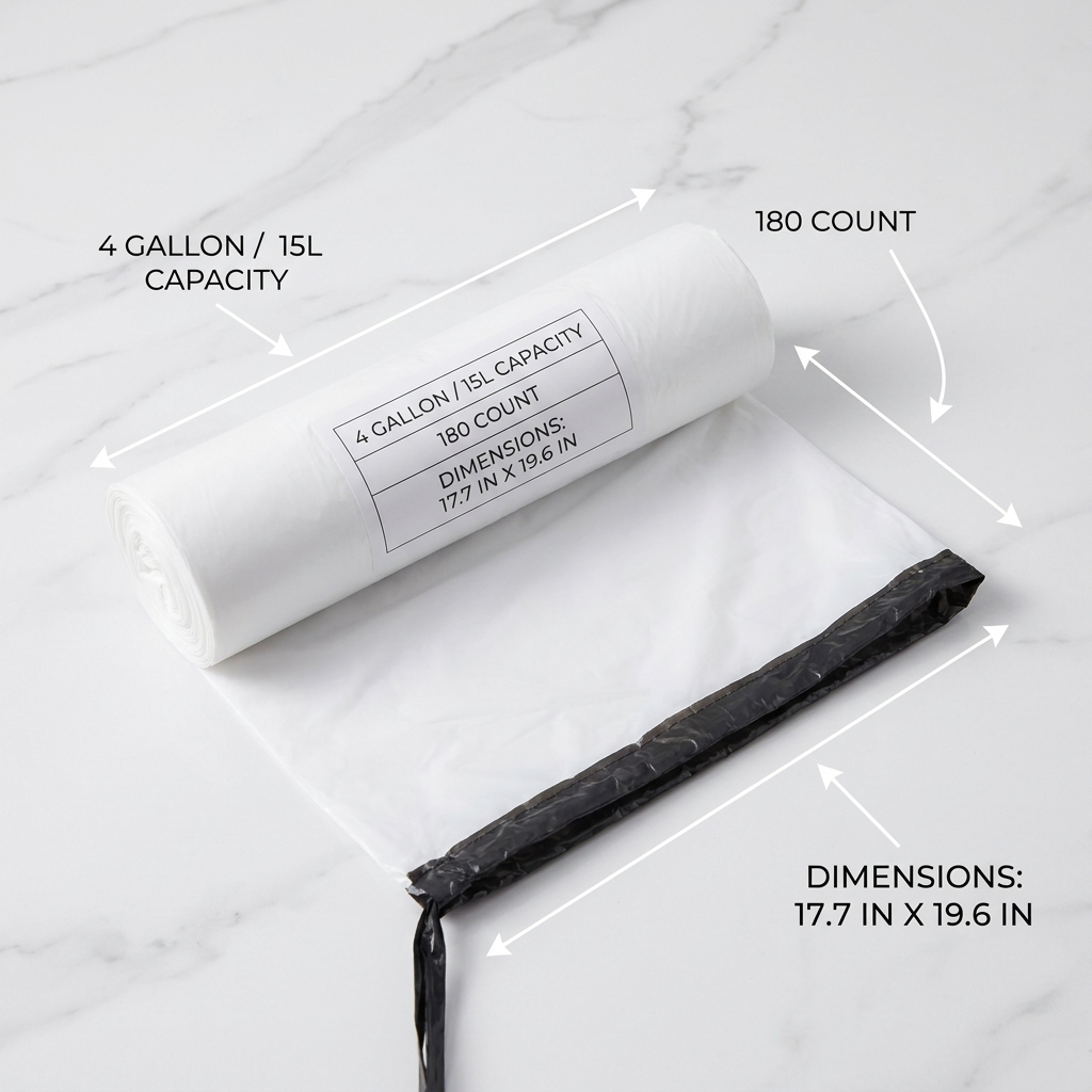 4 gallon 15L white drawstring trash bag roll spec flat-lay showing 180 count capacity