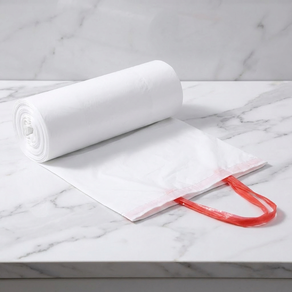 Roll of strong white 4-gallon drawstring trash bags on white marble, one bag partially unrolled