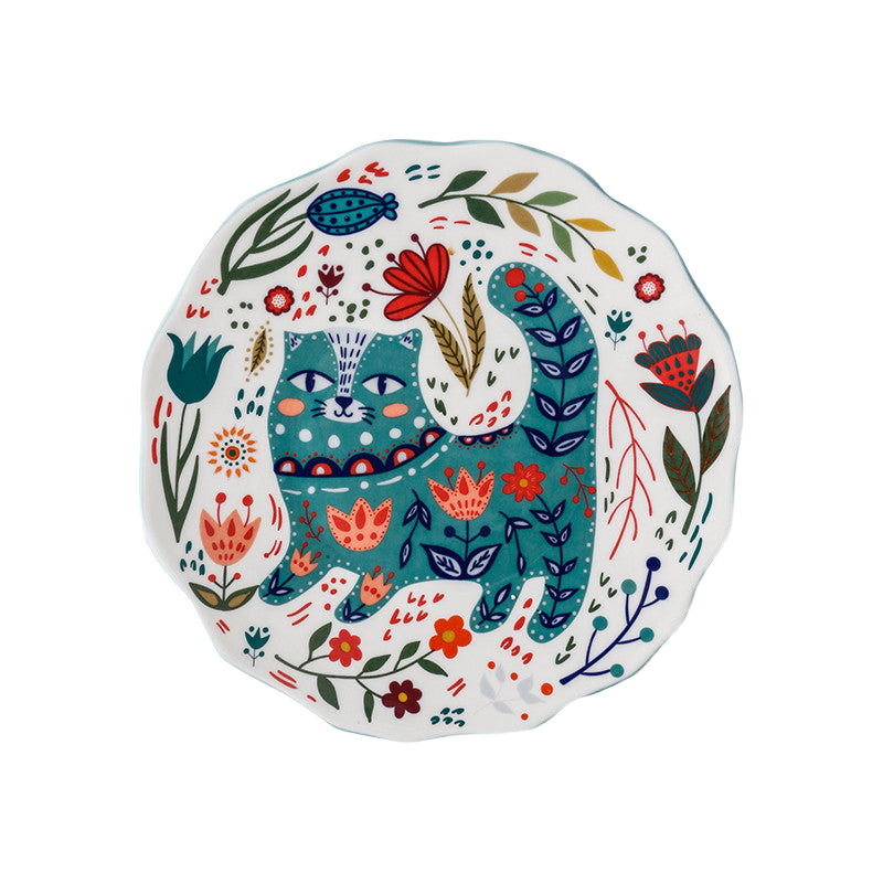 Lucky Cat folk-art porcelain plate on white background — colorful cat and botanical illustration underglaze