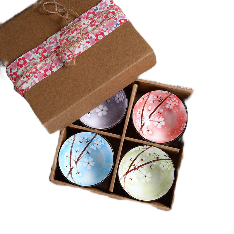 Cherry blossom ceramic bowl set of 4 in gift box — pink, blue, yellow and purple colorways