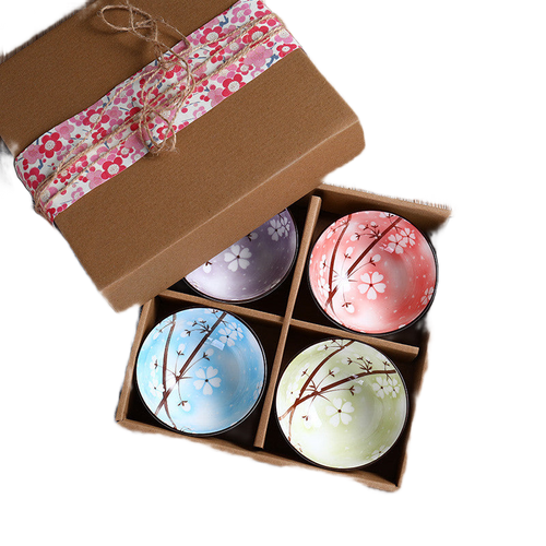 Cherry blossom ceramic bowl set of 4 in gift box — pink, blue, yellow and purple colorways