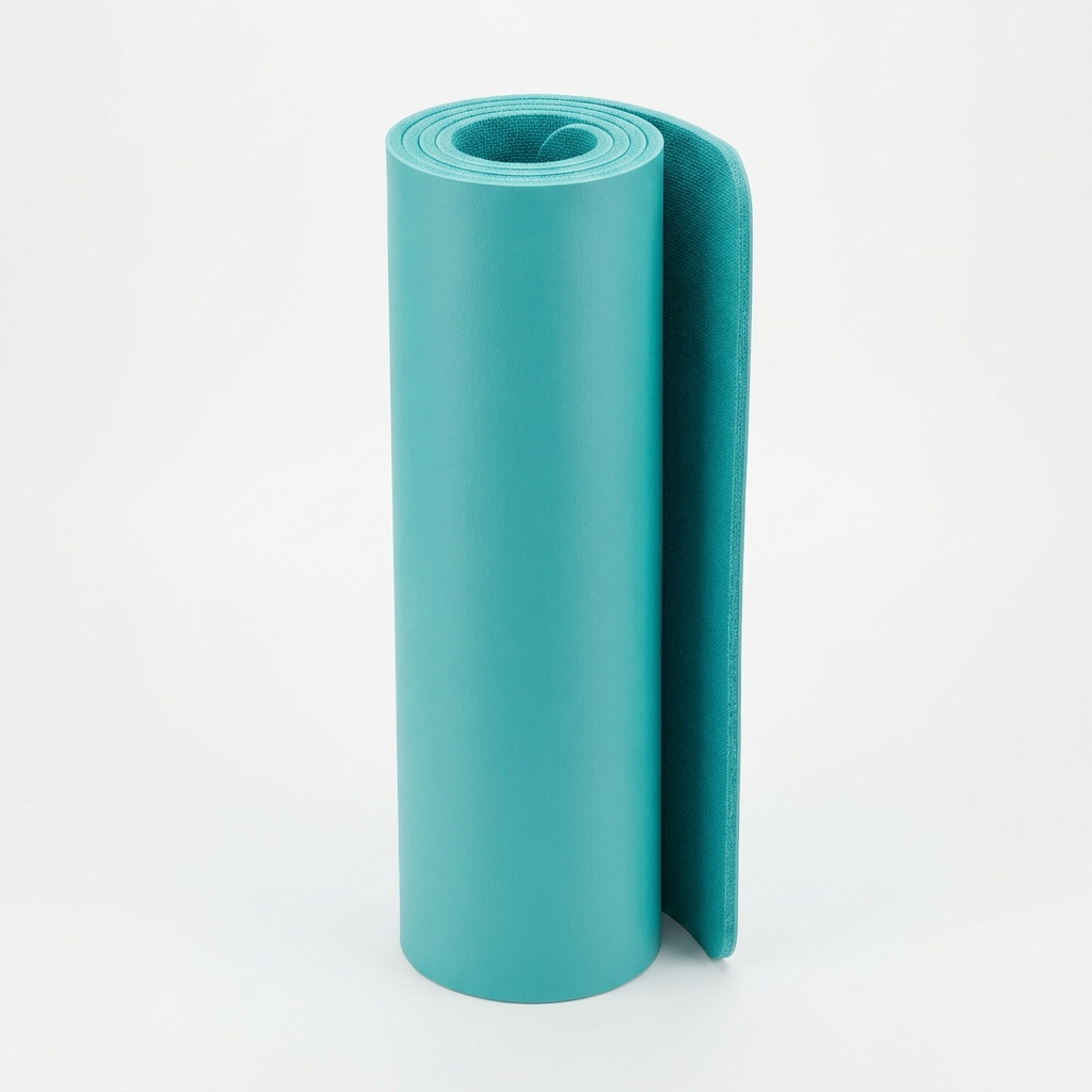 Turquoise yoga mat rolled upright on white surface showing 5mm thickness and dual-textured sides