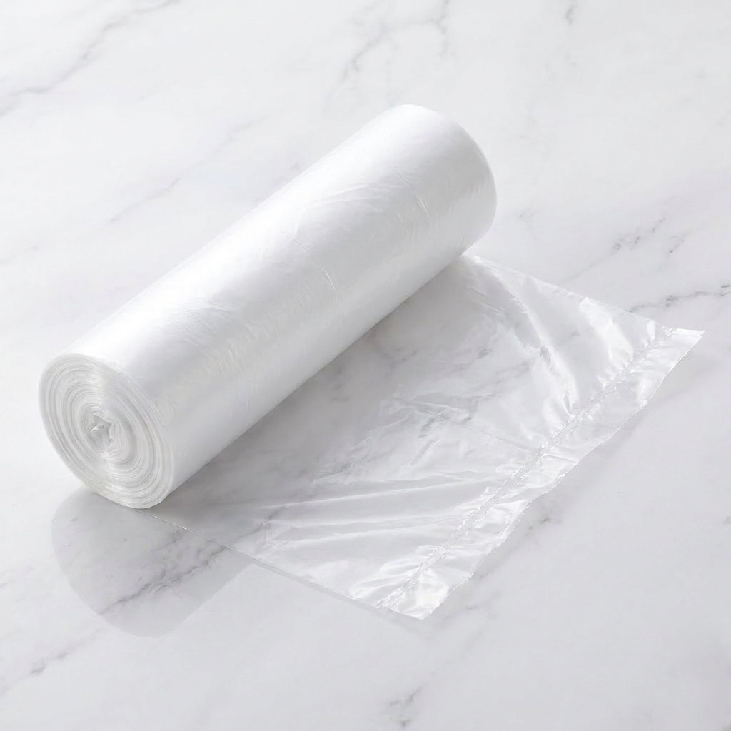 Roll of clear perforated 4-gallon trash bags with one bag held open on white marble