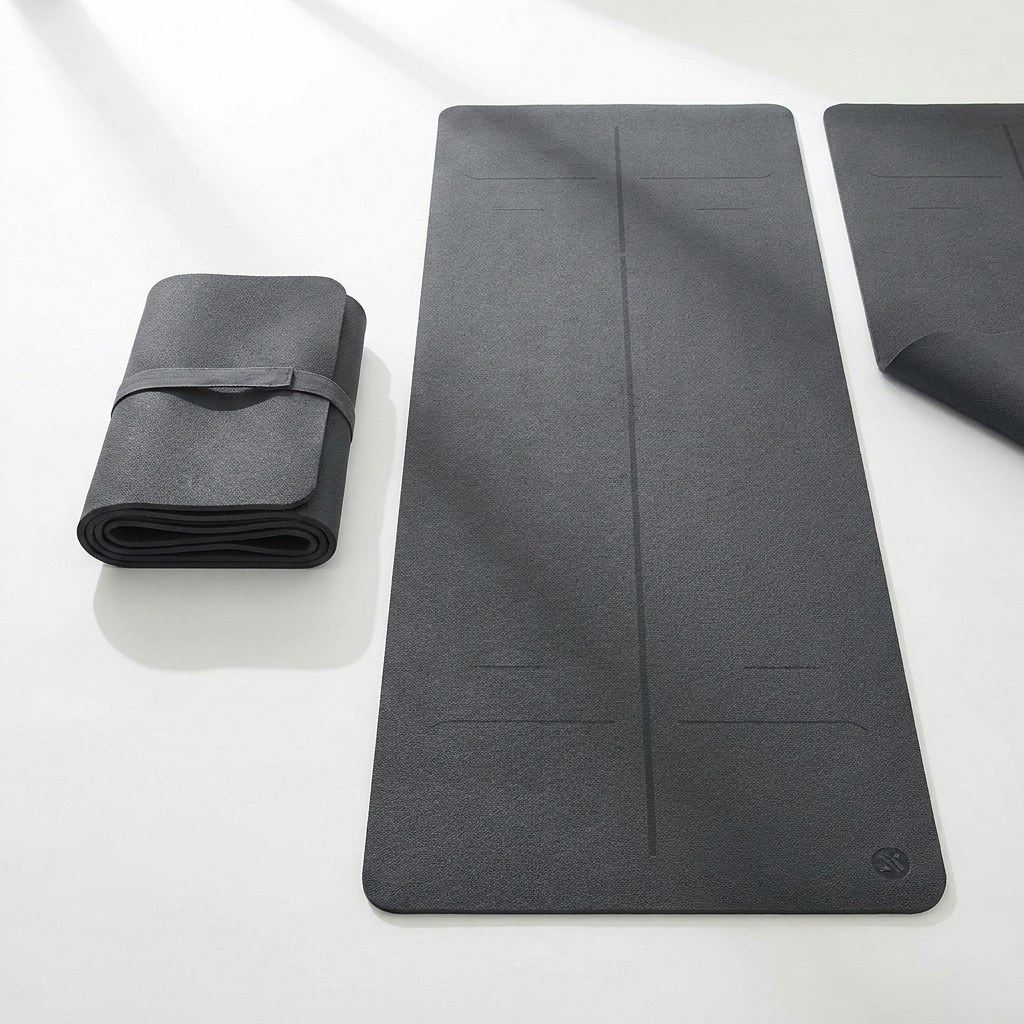 Foldable yoga mat shown folded in quarters beside unfolded version to show compact size