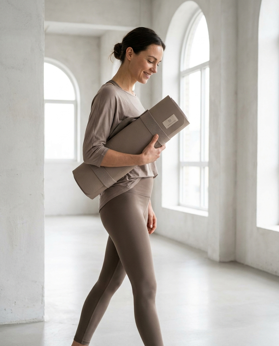 Woman carrying folded travel yoga mat under her arm in bright minimal space