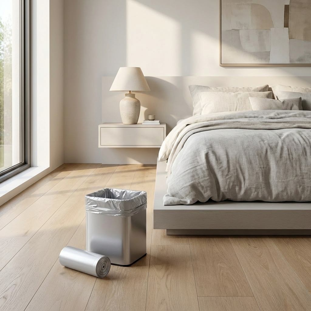 Silver non-transparent small trash bag lining a square bin in a modern bedroom