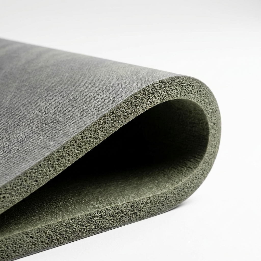 Close-up edge view of 8mm thick foldable yoga mat showing material cross-section and texture