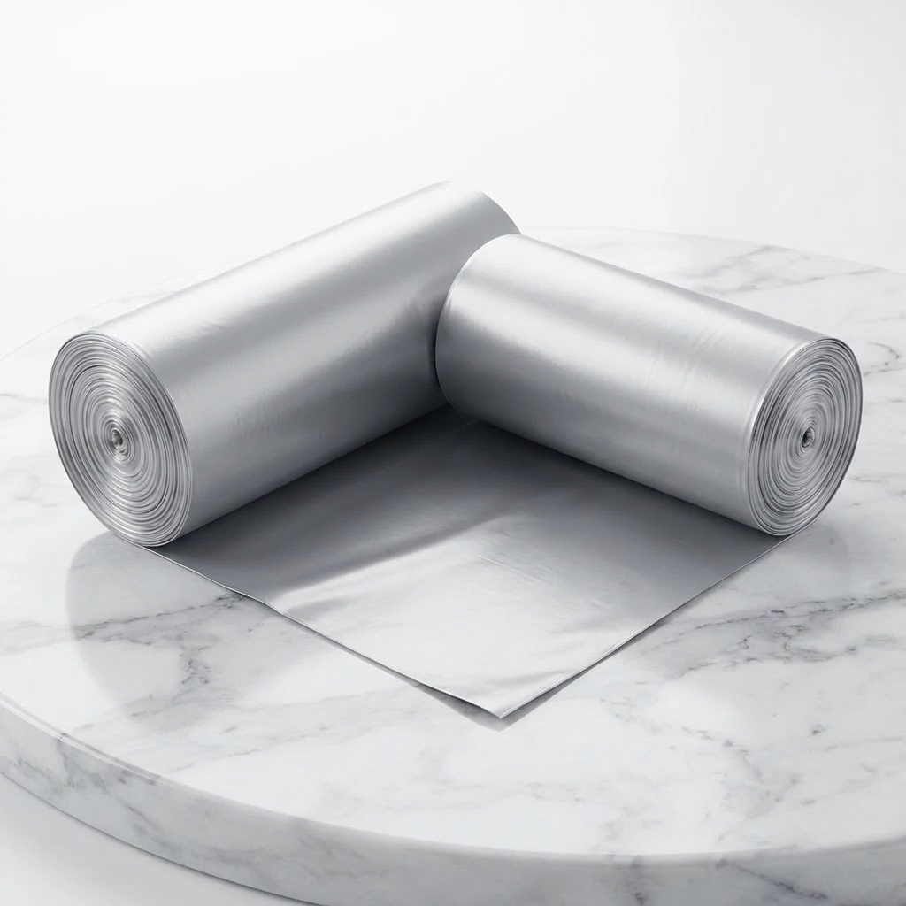 Roll of silver opaque 4-gallon trash bags on white marble with one bag partially unrolled