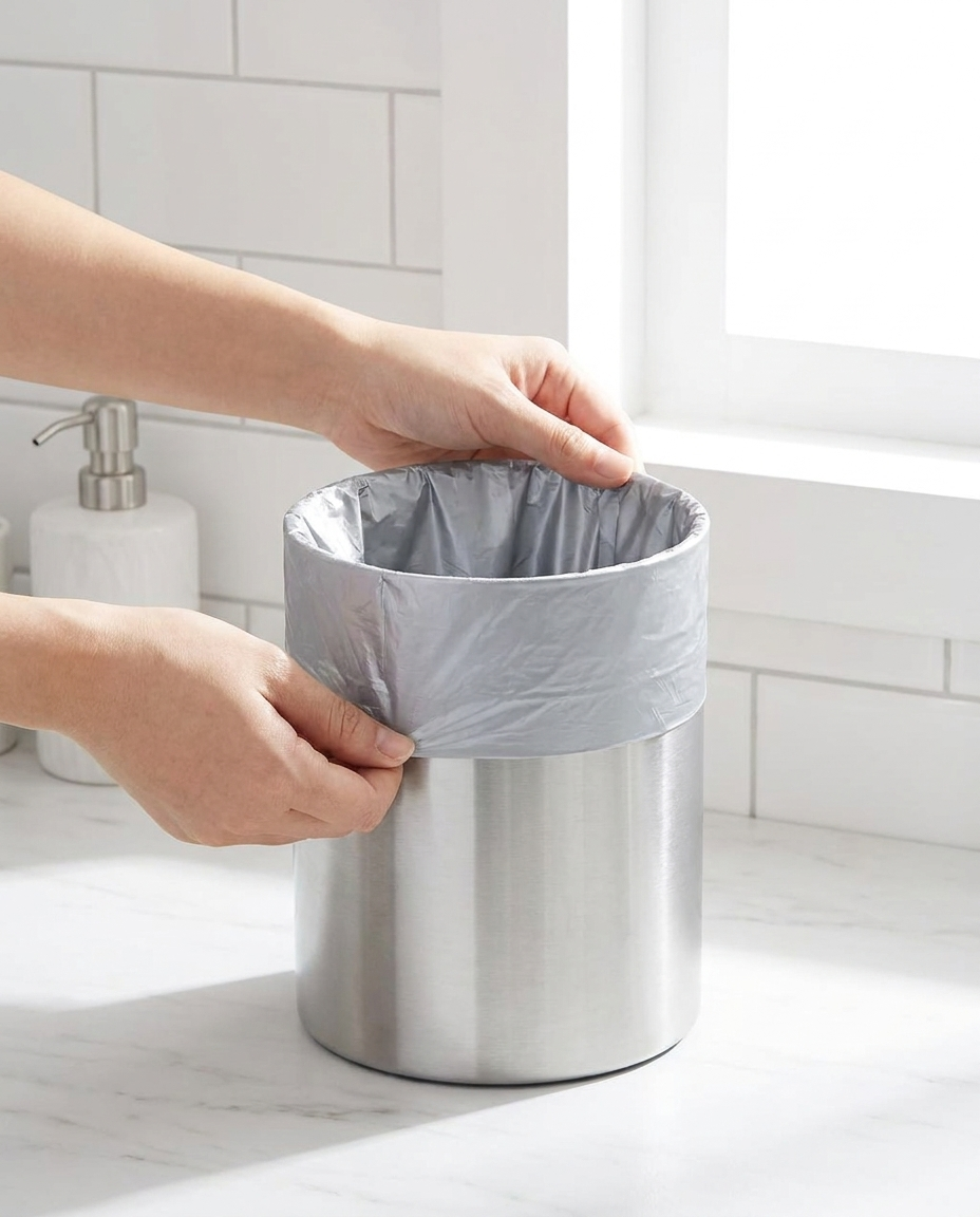 Hands lining a small bathroom trash can with a silver privacy trash bag, snug fit no sagging