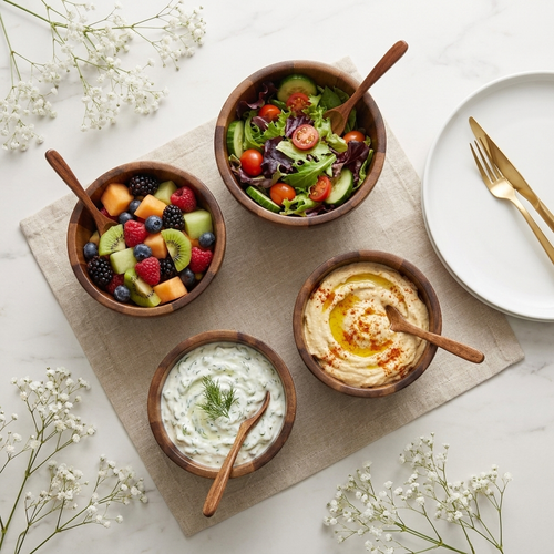 Four round acacia wood serving bowls with wooden spoons styled on a dining table with gold cutlery and baby's breath florals