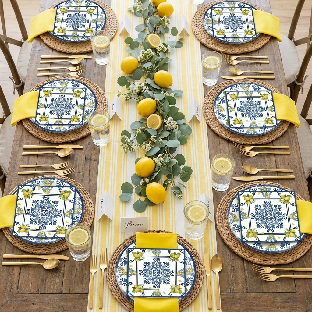 40-piece lemon birthday party tableware set styled as elegant summer citrus tablescape with lemon plates, yellow napkins, gold cutlery and fresh lemon accents