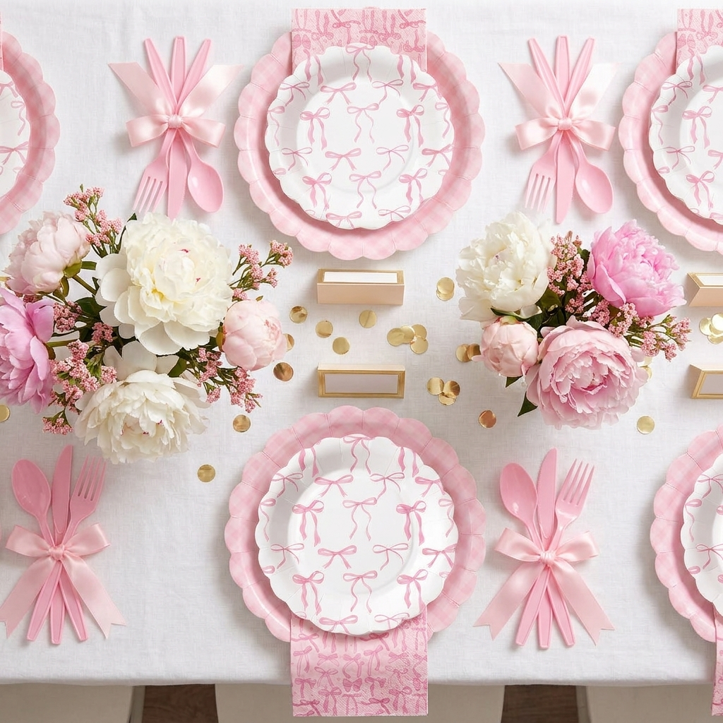 Pink bow scalloped-edge party tableware styled in a dreamy coquette bridal shower table setting with pink peonies and gold accents
