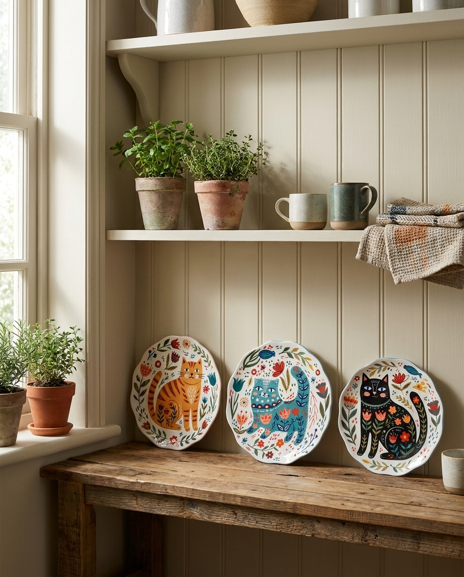 Three Lucky Cat porcelain plates displayed on a kitchen shelf showing different colorful cat pattern styles