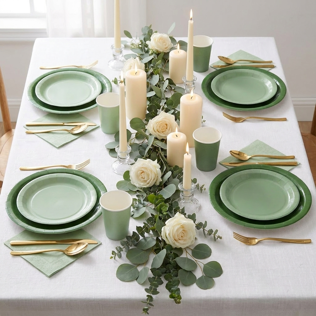Sage green gradient party tableware in an elegant table setting with eucalyptus, ivory candles, gold cutlery, and white roses