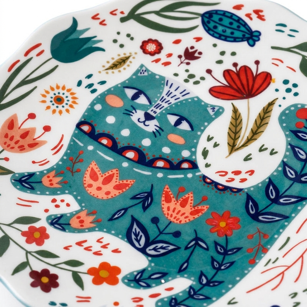 Close-up detail of Lucky Cat porcelain plate underglaze folk-art illustration with vibrant cat and floral motifs