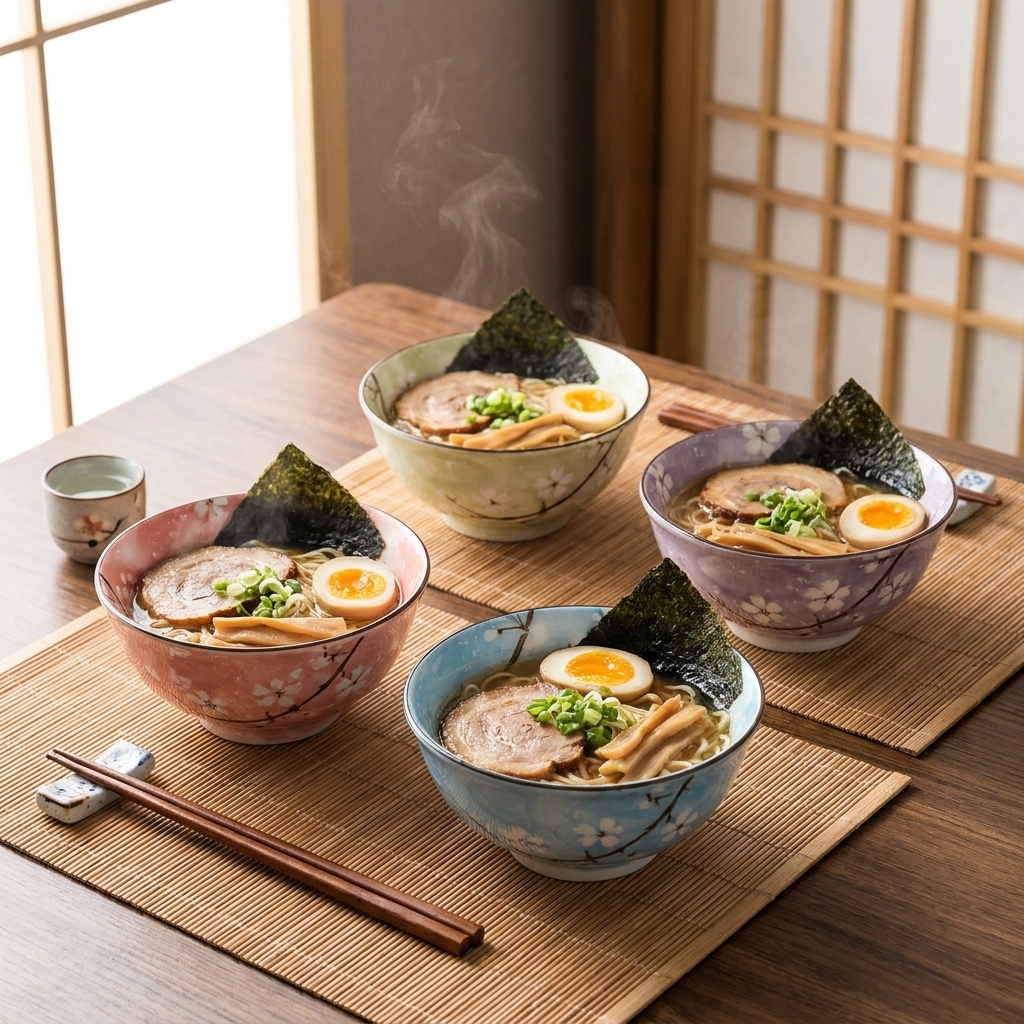 Cherry blossom hand-painted ceramic bowl served with ramen on a Japanese table setting with chopsticks and bamboo placemat