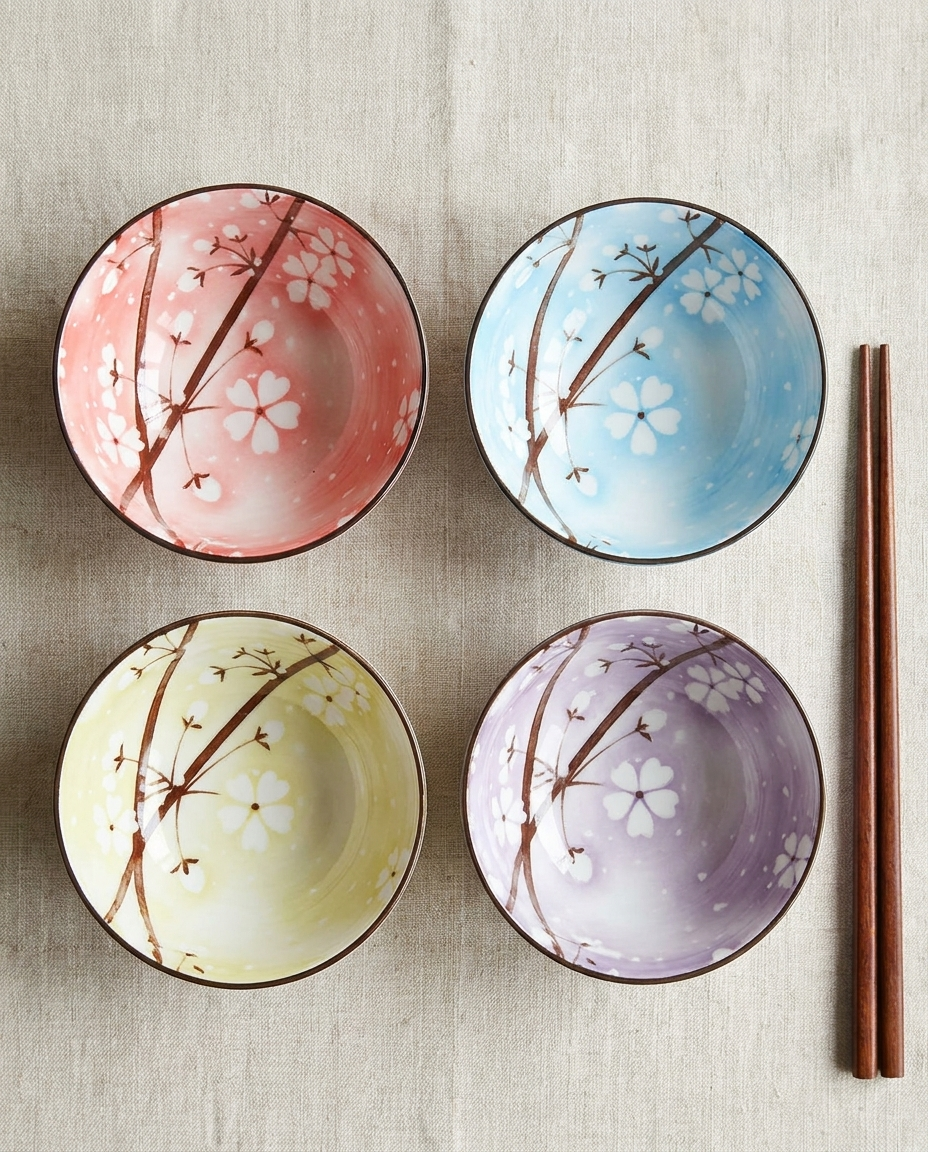 Four cherry blossom ceramic bowls flat-lay showing all four colorways on linen surface with chopsticks