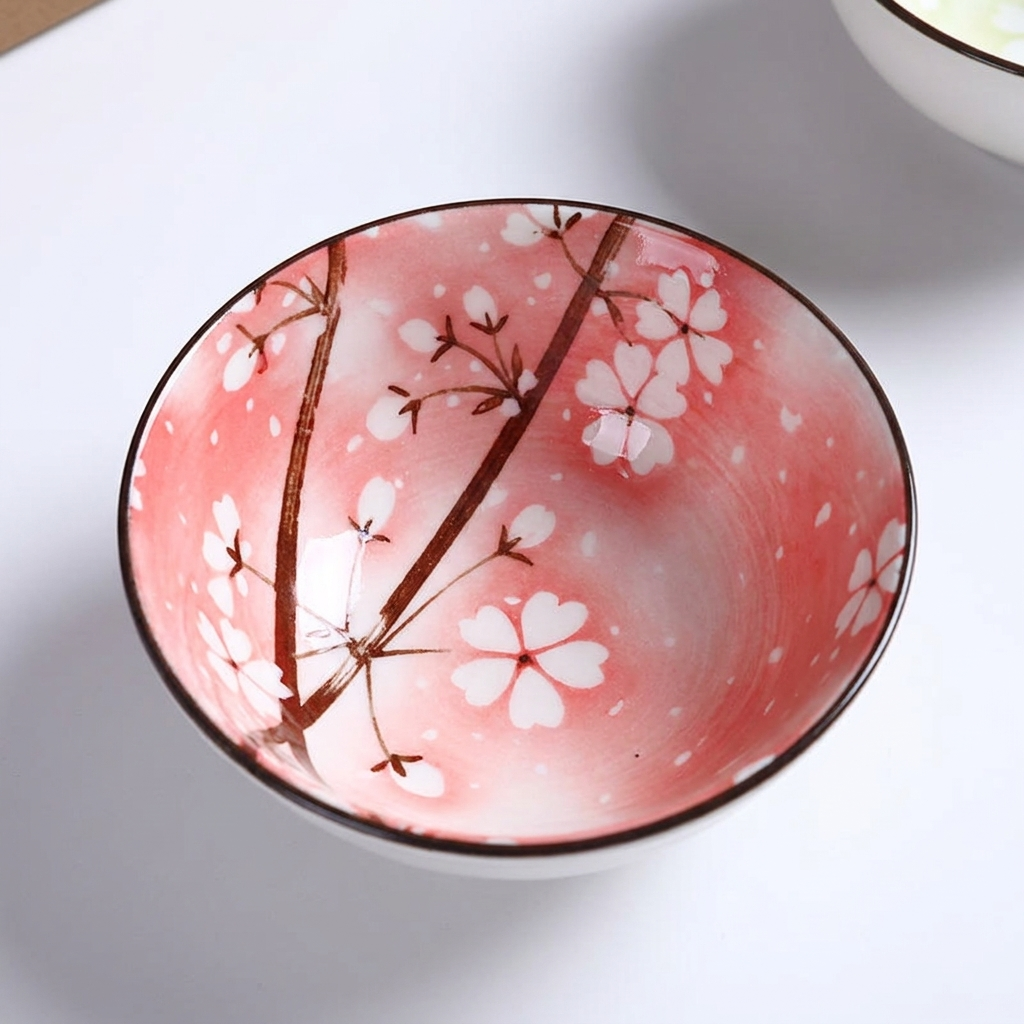 Close-up interior of cherry blossom ceramic bowl showing delicate blossom and branch underglaze painting