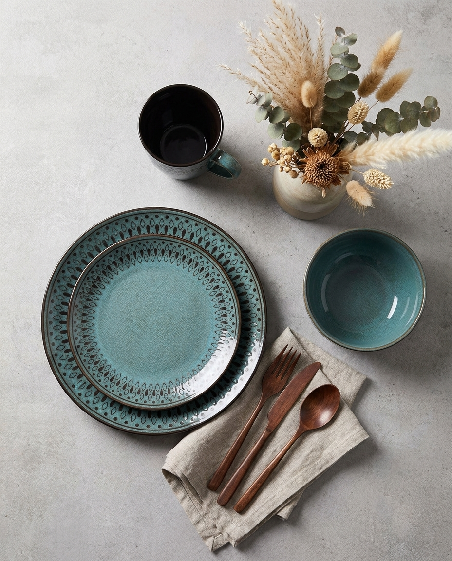 Vintage teal stoneware dining collection — plates, bowls and mugs styled as a complete place setting on concrete surface