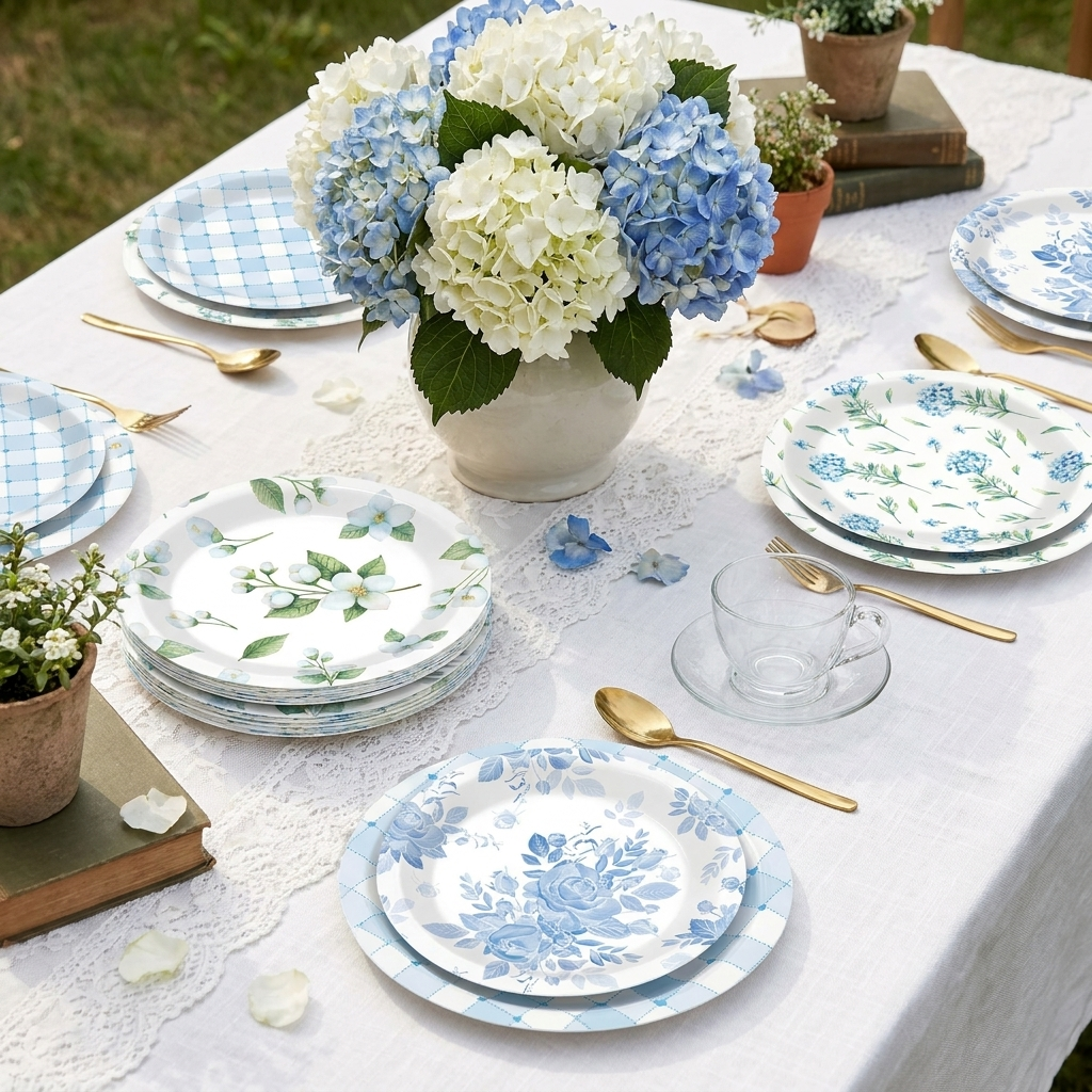 Blue and white vintage floral paper plates styled in an elegant garden tea party setting with hydrangeas, gold teaspoons, and a glass teacup