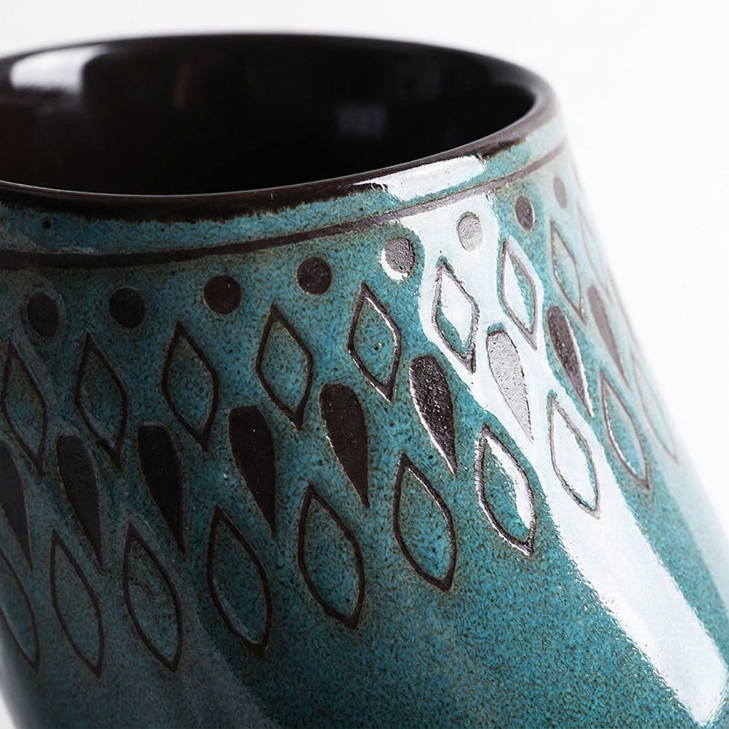 Close-up of vintage teal stoneware surface showing intricate geometric dot-and-diamond pattern and reactive glaze