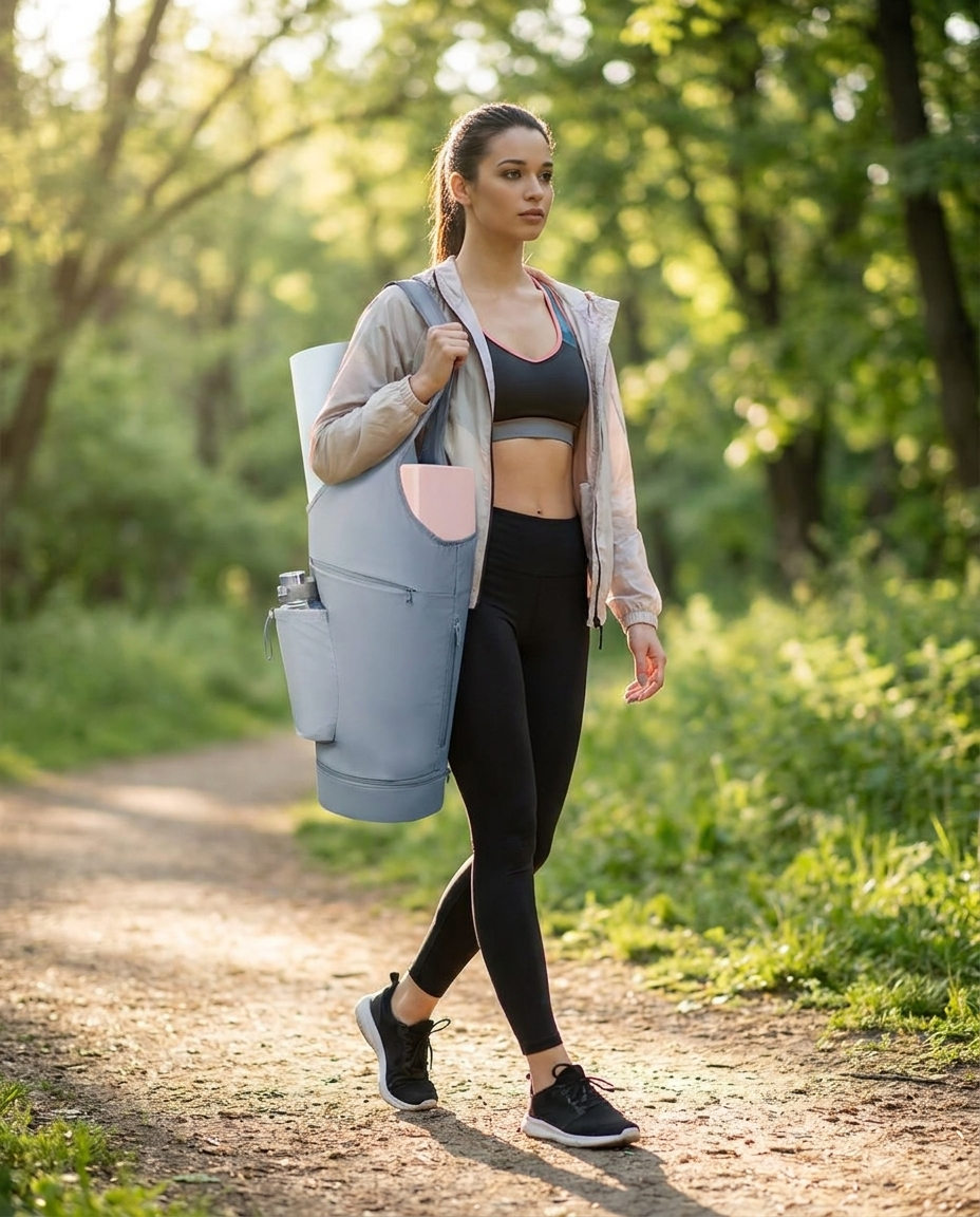 Woman carrying blue yoga mat carrier bag over shoulder with mat sticking out the top