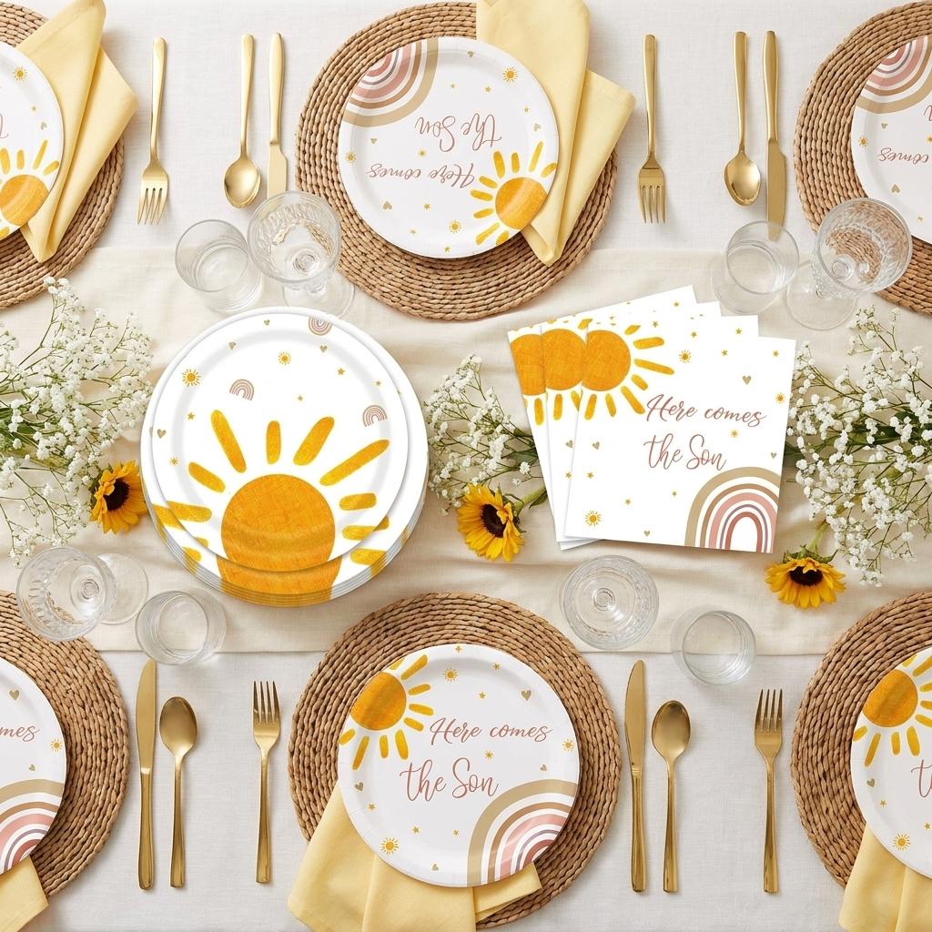 96-piece sun baby shower tableware set styled as elegant sunshine tablescape with yellow plates, napkins, gold cutlery and sunflower accents