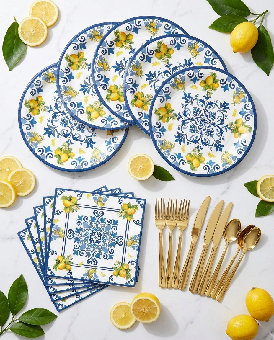 Flat-lay of lemon birthday party tableware set pieces — lemon-print plates, napkins and gold cutlery on marble surface
