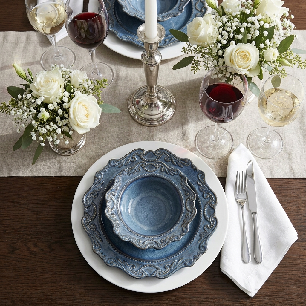 Baroque porcelain dinnerware set elegantly styled on a dinner table with silver cutlery and white roses