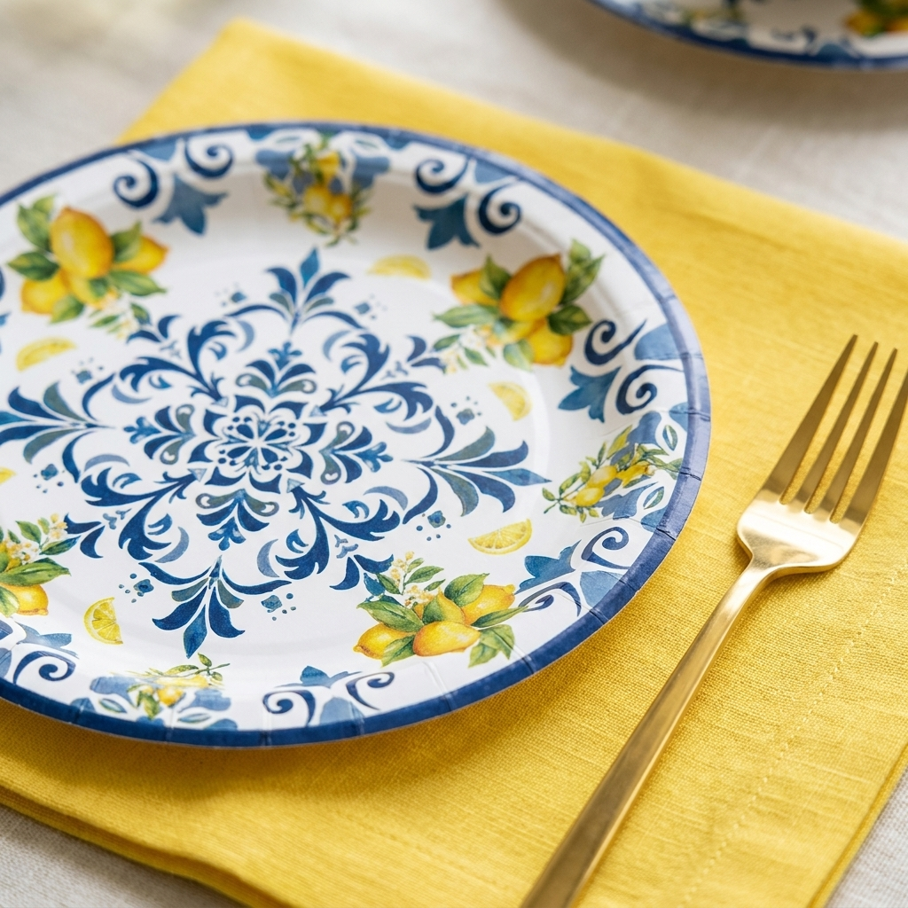 Close-up of lemon-print paper plate with yellow napkin and gold fork from the birthday party tableware set