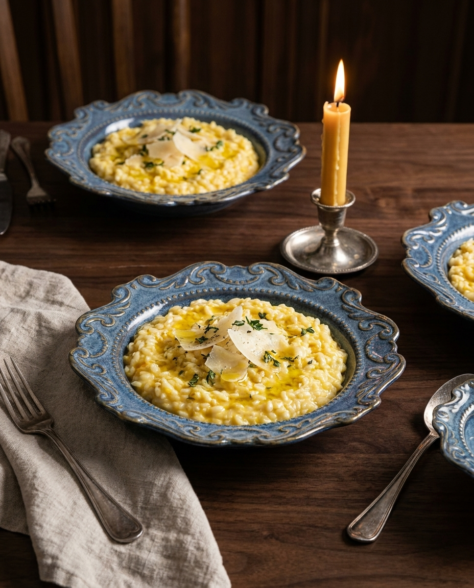 Baroque blue-silver porcelain plate served with risotto on a dark walnut dining table, candlelight setting