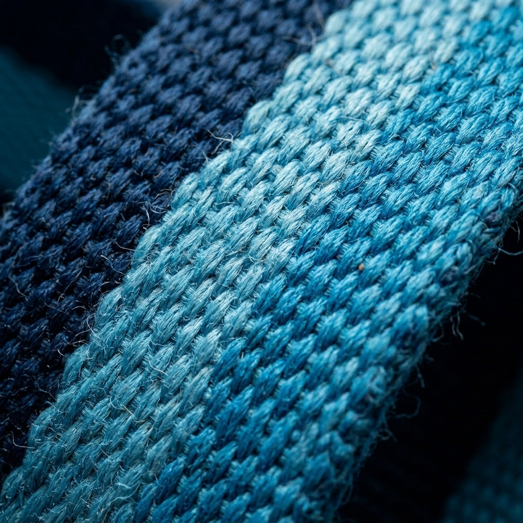 Close-up macro of tight-knit cotton weave texture of blue yoga mat strap