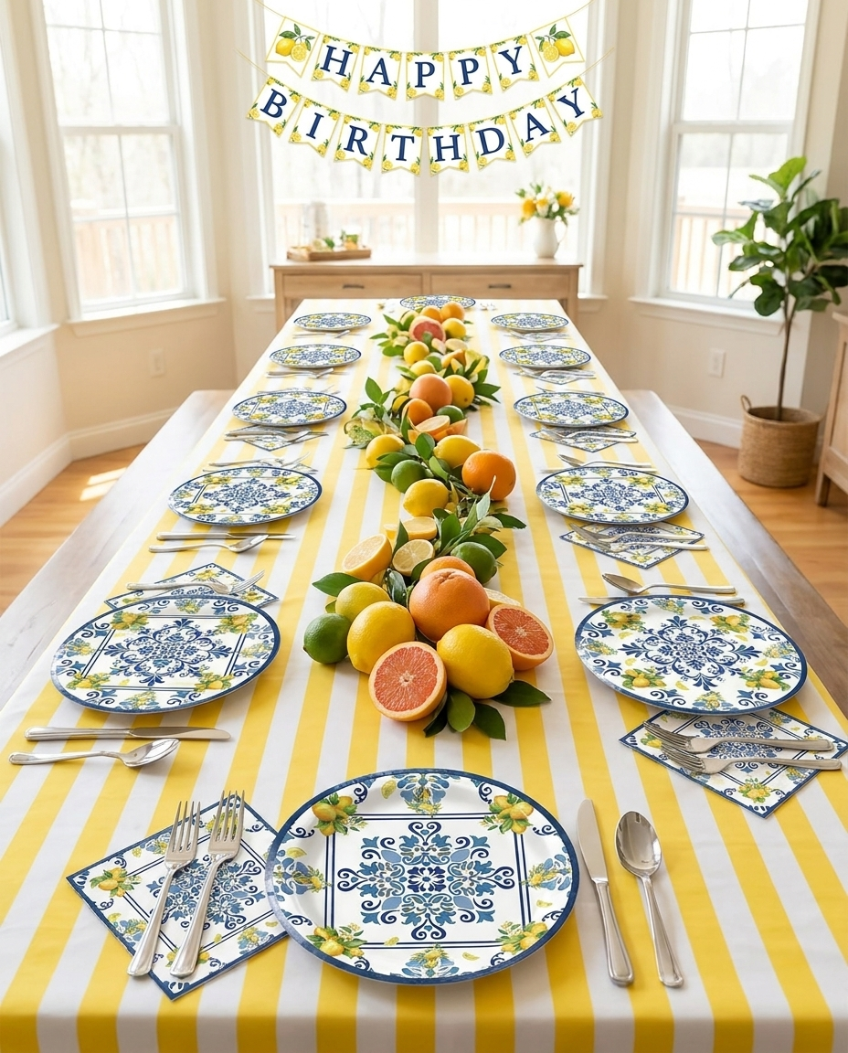 Full lemon birthday party tableware set for 20 guests on a festive summer table with citrus decorations