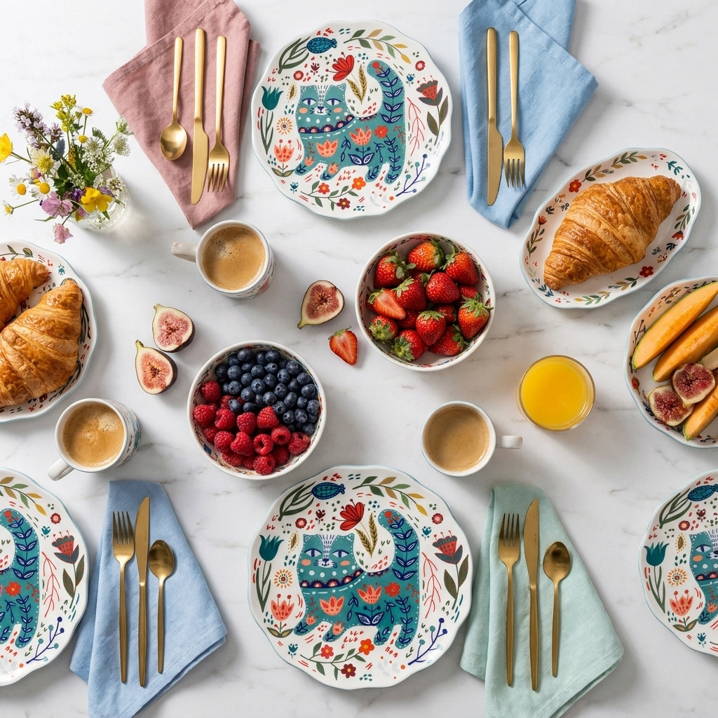 Lucky Cat folk-art porcelain plate styled on a brunch table with croissants, fruit, and gold cutlery