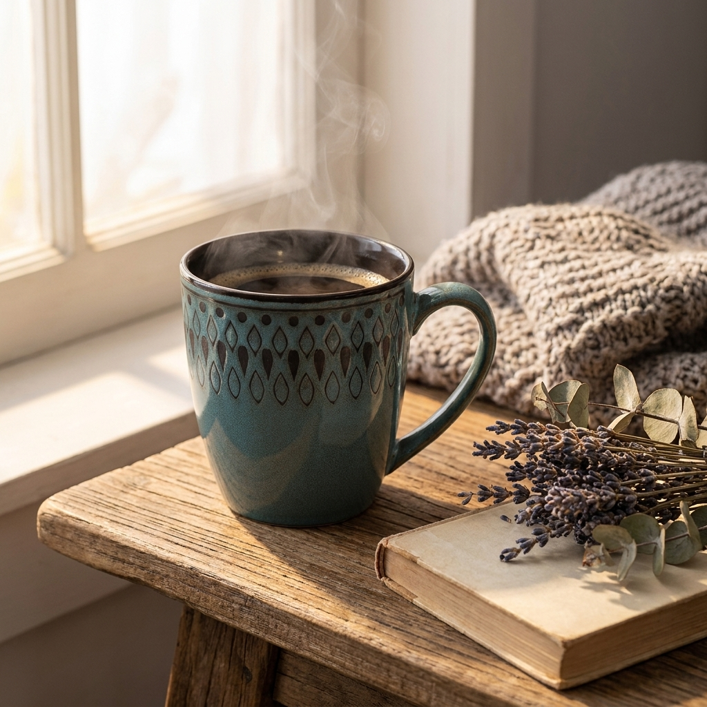 Teal stoneware mug with morning coffee on a rustic wooden table with dried flowers and a book