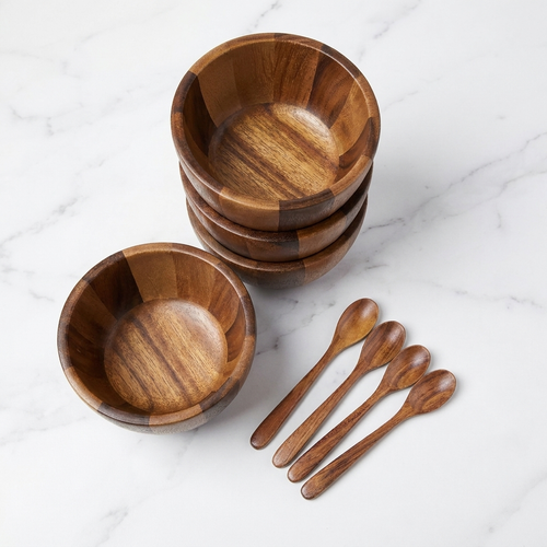 Overhead flat-lay of four 5.5-inch acacia wood bowls and four wooden spoons on white marble