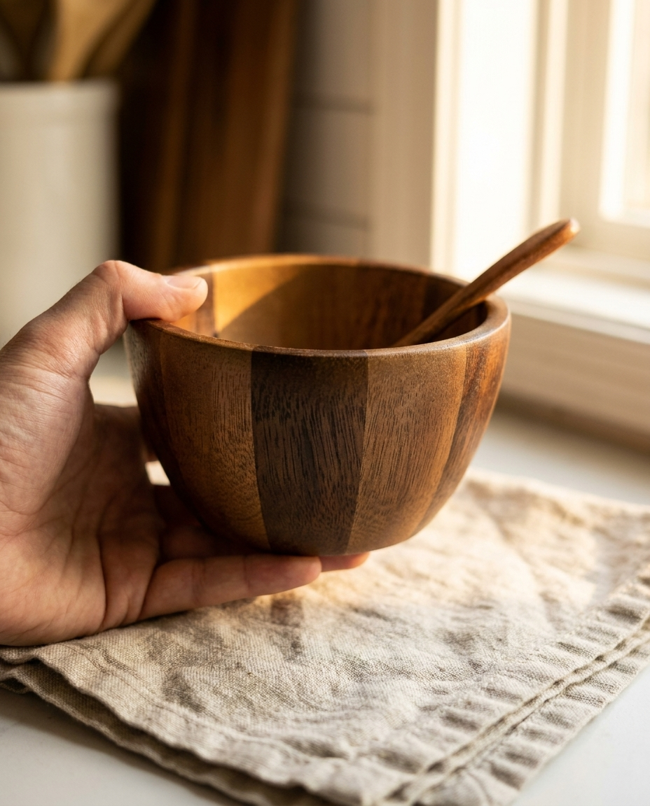 Close-up of acacia wood bowl showing natural grain texture and smooth handcrafted finish
